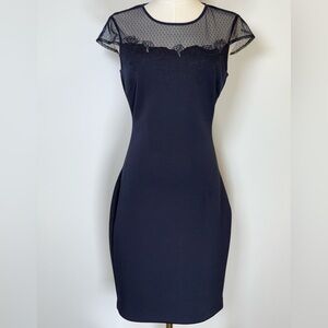 Guess Los Angeles Navy Cap Sleeve Lace Illusion Sheath Dress Women’s Size 4